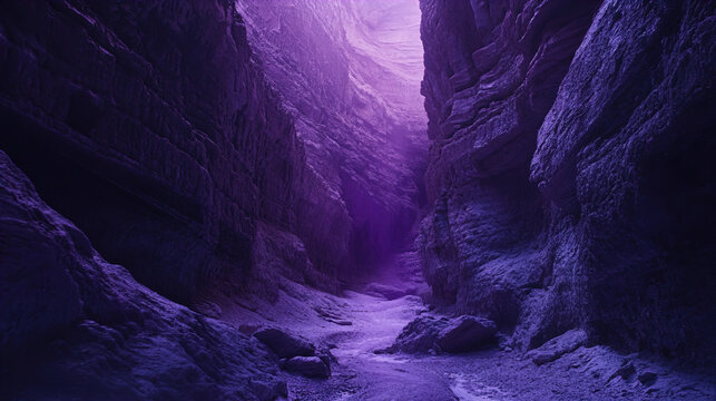 A striking image of a narrow canyon with towering rock walls that extend vertically upwards. The texture of the rocks is rugged and jagged, creating a dramatic sense of depth. The lighting in the cany