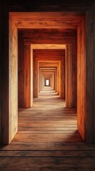 A long hallway with wooden walls and a window in the middle.