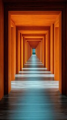A long hallway with wooden walls and a window in the middle.