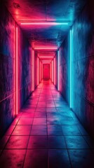 Obraz premium An infinite maze of glowing neon signs, where paths appear and disappear with every step, leading to paradoxical destinations.