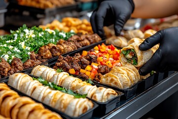 A vibrant street food scene featuring a vendor selling fresh, hot empanadas, with a variety of fillings like beef, cheese, and spinach, at an outdoor market