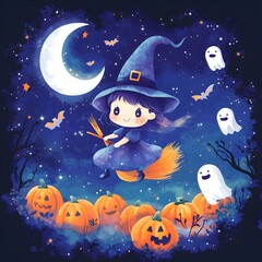Charming witch soaring on broomstick above a pumpkin patch, playful bats and whimsical ghosts, under a crescent moon and sparkling stars in a magical night sky