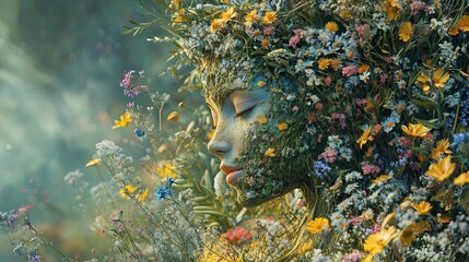 Earth spirit emerging from a field of wildflowers, her form covered in blooms and grasses, gentle and nurturing.