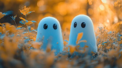 Cute Blue Halloween Ghosts in a Field