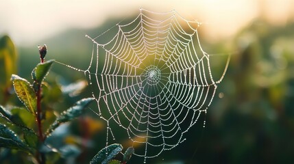 Dew-covered spider web in focus, perfect for capturing the beauty of nature