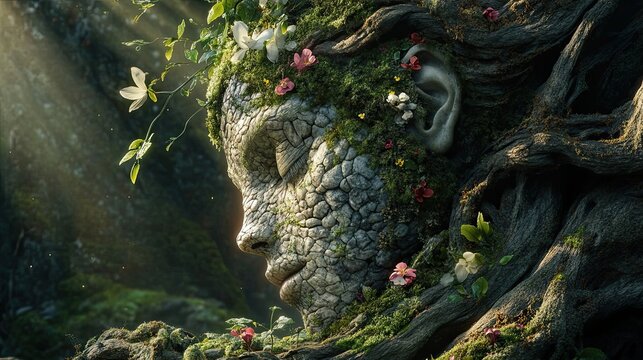 A woman's face is covered in moss and flowers