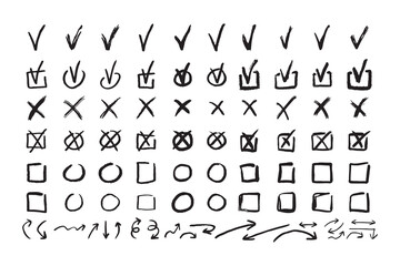 Check marks doodle black line element set, tick and a cross, empty thin box and arrow sign. Grunge hand drawn style
