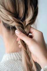 Naklejka premium Hands braiding hair, focusing on the technique and process, with a clean, minimalistic background.
