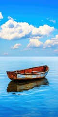 Naklejka premium Lonely boat floating on calm waters under a clear blue sky