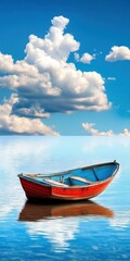 Fototapeta premium A red boat floats calmly on a serene lake under a blue sky