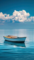 Naklejka premium Solitary boat gently floats on tranquil waters under a bright sky