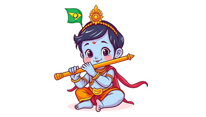 Obraz premium Cute little baby lord krishna with blue skin playing flute. Hindu god Lord Krishna . Krishna Janmashtami, Govardhan Puja. Indian religious festival.
