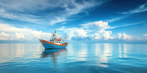 Fishing boat floats on calm waters under clear blue skies at sunset