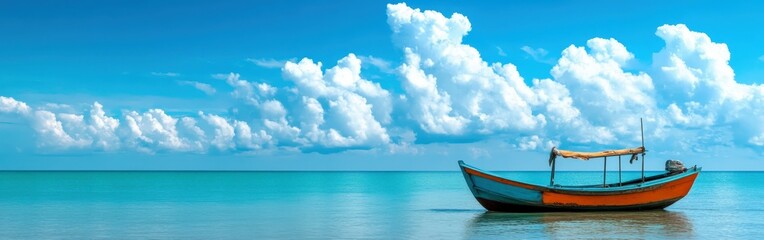 Fototapeta premium Colorful fishing boat resting on calm waters under blue sky