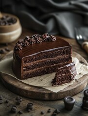 Delicious chocolate cake with layered frosting served on a wooden board