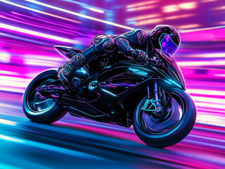 sleek, futuristic motorcycle speeding through a neon-lit cityscape at night, with light trails following its path