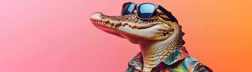 Alligator in sunglasses and Hawaiian shirt, head raised confidently, against a pink gradient backdrop