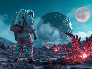 Fototapeta premium astronaut exploring an alien planet with a rocky, barren landscape, two moons visible in the sky, strange glowing plants scattered around