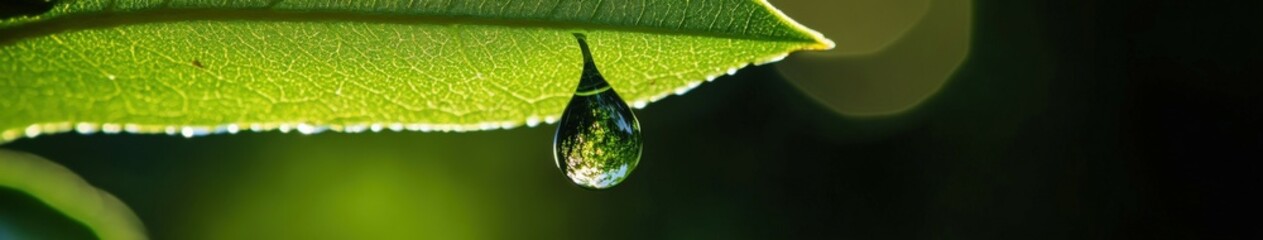 Fototapeta premium Morning dew on a green leaf captured in vibrant sunlight