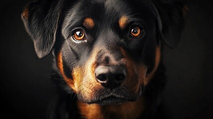 Obraz premium High-quality portrait of a rottweiler dog showcasing their unique characteristics and expressions, black background, international dog day