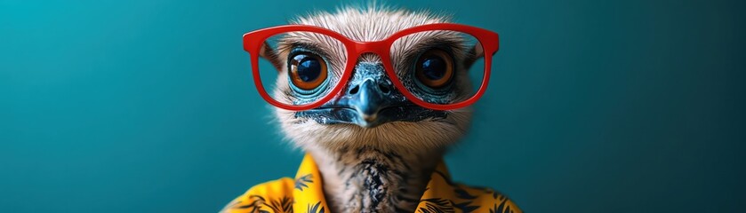 Obraz premium Emu in red glasses and a yellow Hawaiian shirt, posing against a teal background with a playful look