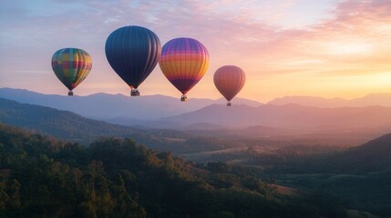 Obraz premium Overlooking a peak at Dot Inthanon in Chiang Mai, Thailand, are colorful hot air balloon flights.