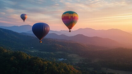 Fototapeta premium Overlooking a peak at Dot Inthanon in Chiang Mai, Thailand, are colorful hot air balloon flights.