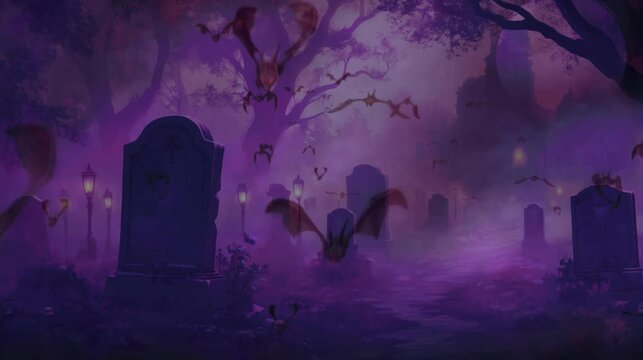 Creepy scene in a cemetery with fog, old tombstones and twisted branches, softly glowing lanterns illuminating the paths, bats flying in the fog, a chilling atmosphere.
