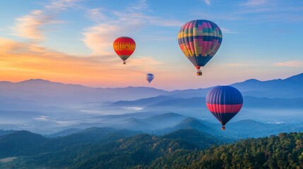 Fototapeta premium Overlooking a peak at Dot Inthanon in Chiang Mai, Thailand, are colorful hot air balloon flights.