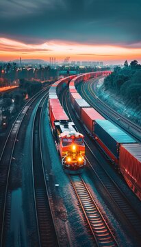 Industrial freight train transporting containers in rail logistics setting amid industrial landscape