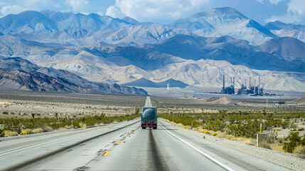 Tanker truck travels on deserted highway with mountains in background. Oil transportation