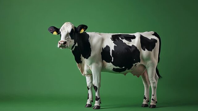 Holstein Cow on Green Background Displaying Black and White Spots in a Studio Setting