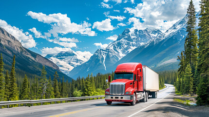 Red truck transports goods along scenic mountain highway in Canada