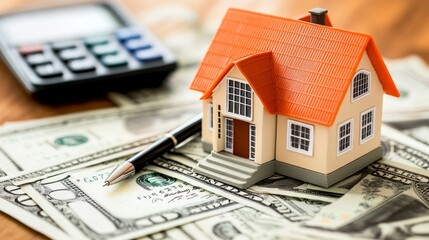 A model house rests on a pile of cash and dollar bills. A calculator lies nearby. This image symbolizes real estate investment and financial planning for homeownership. AI