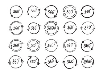 Doodle 360 degree. Hand drawn outline style set