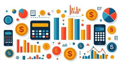 financial advertising, featuring icons like coins and a calculator on a white background with colorful accents.