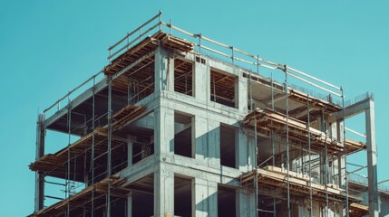 A multi-story building under construction with scaffolding and a blue sky in the background.