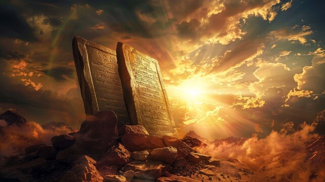 Divine commandments on stone tablets on sunlit mountain, realistic image with religious significance