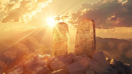 Divine commandments  stone tablets on mountain summit bathed in sunlight   realistic photo