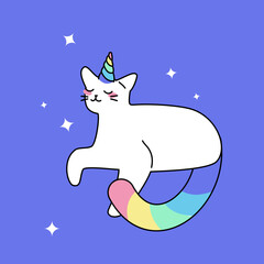 Vector illustration of dreamy unicorn cat with a rainbow tail and lovely colourful horn. Magical creature in cartoon style for nursery decorations. Positive character design for children.