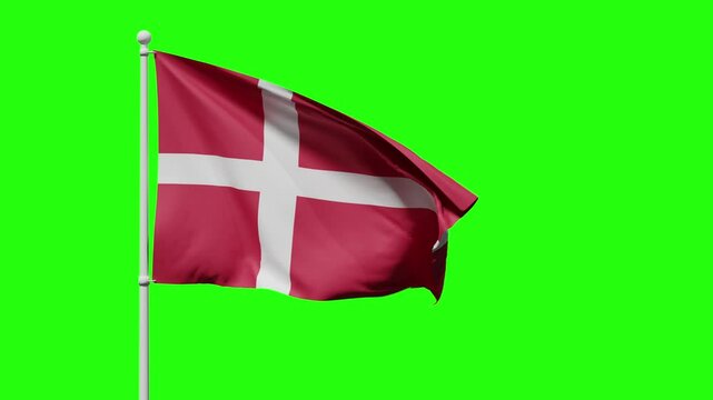 Denmark flag waving in the wind against green screen background. Bright and colorful concept for travel and tourism. 3D render