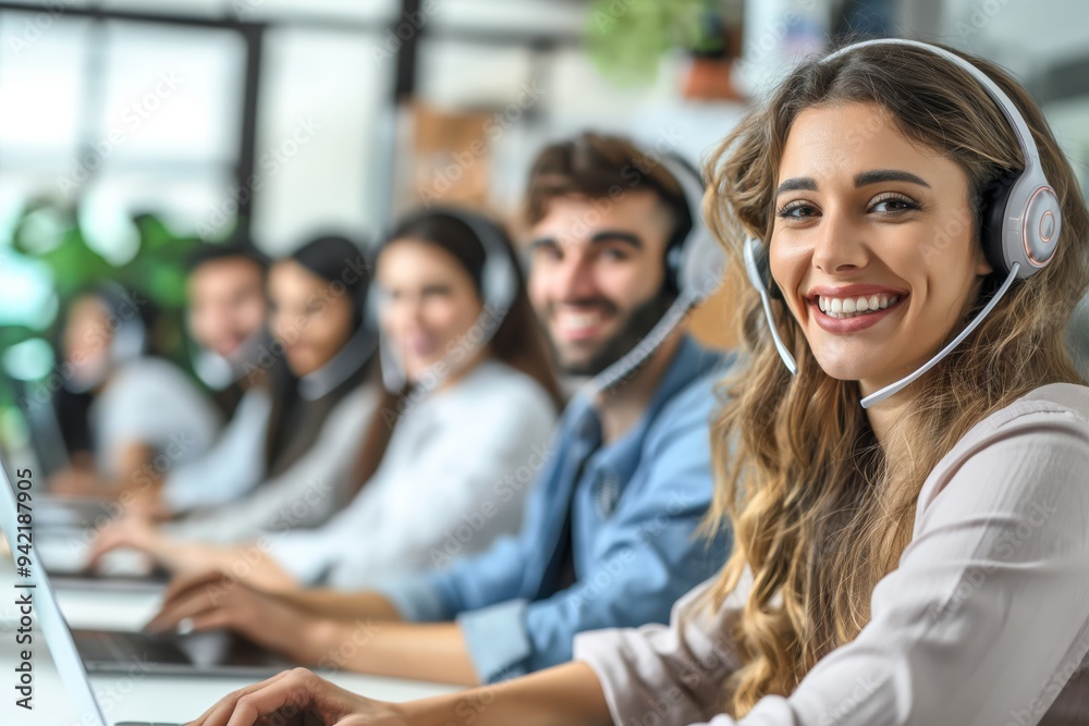 Poster Friendly customer support team working diligently in a modern call center, using headsets and computers to assist clients, showcasing teamwork and professionalism in a bustling office environment.