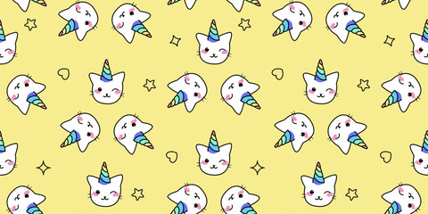 Unicorn cats seamless vector pattern. Cute animal heads with rainbow horns and stars in background. Magic kitty characters in cartoon style.