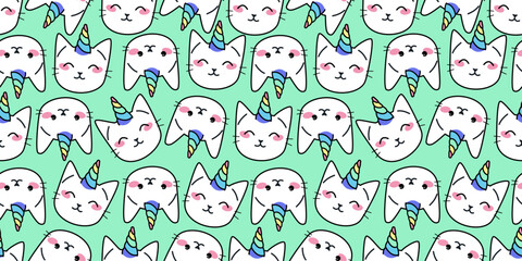 Unicorn cats seamless vector pattern. Cute animal heads with rainbow horns background. Magic kitty characters in cartoon style.