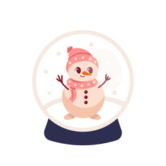 Flat vector illustration with glass ball and cute snowman. Winter holiday sticker design, Christmas decoration, snowman in crystal bubble. Cute New Year snowman in children's style. Isolated on white