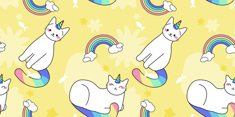 Unicorn cats seamless vector pattern. Cute animals with rainbow horns, tails and big present boxes. Magic kitty characters in cartoon style.