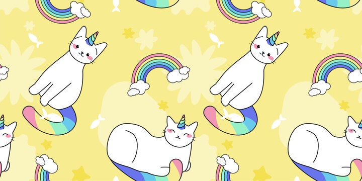 Unicorn cats seamless vector pattern. Cute animals with rainbow horns, tails and big present boxes. Magic kitty characters in cartoon style.