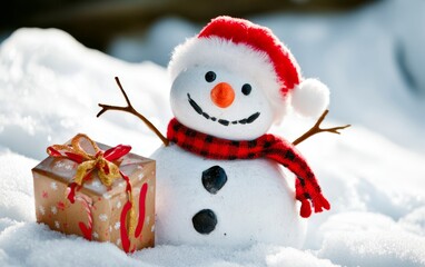  A cheerful Christmas snowman, perfect for holiday decorations, greeting cards, and festive winter scenes. Adorned with a hat, scarf, and traditional winter elements.