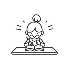 Happy girl with a bun writing in a notebook