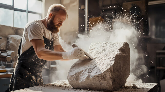 A dedicated sculptor intensely carves a large stone block in a workshop, with dust and debris flying, showcasing the art of stone sculpting.